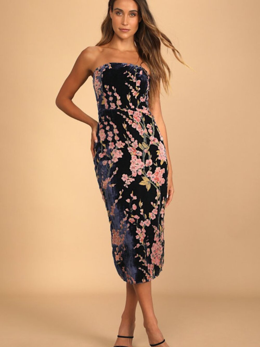 Lulus Buy You Flowers Navy Floral Print Velvet Strapless Midi Dress Blue